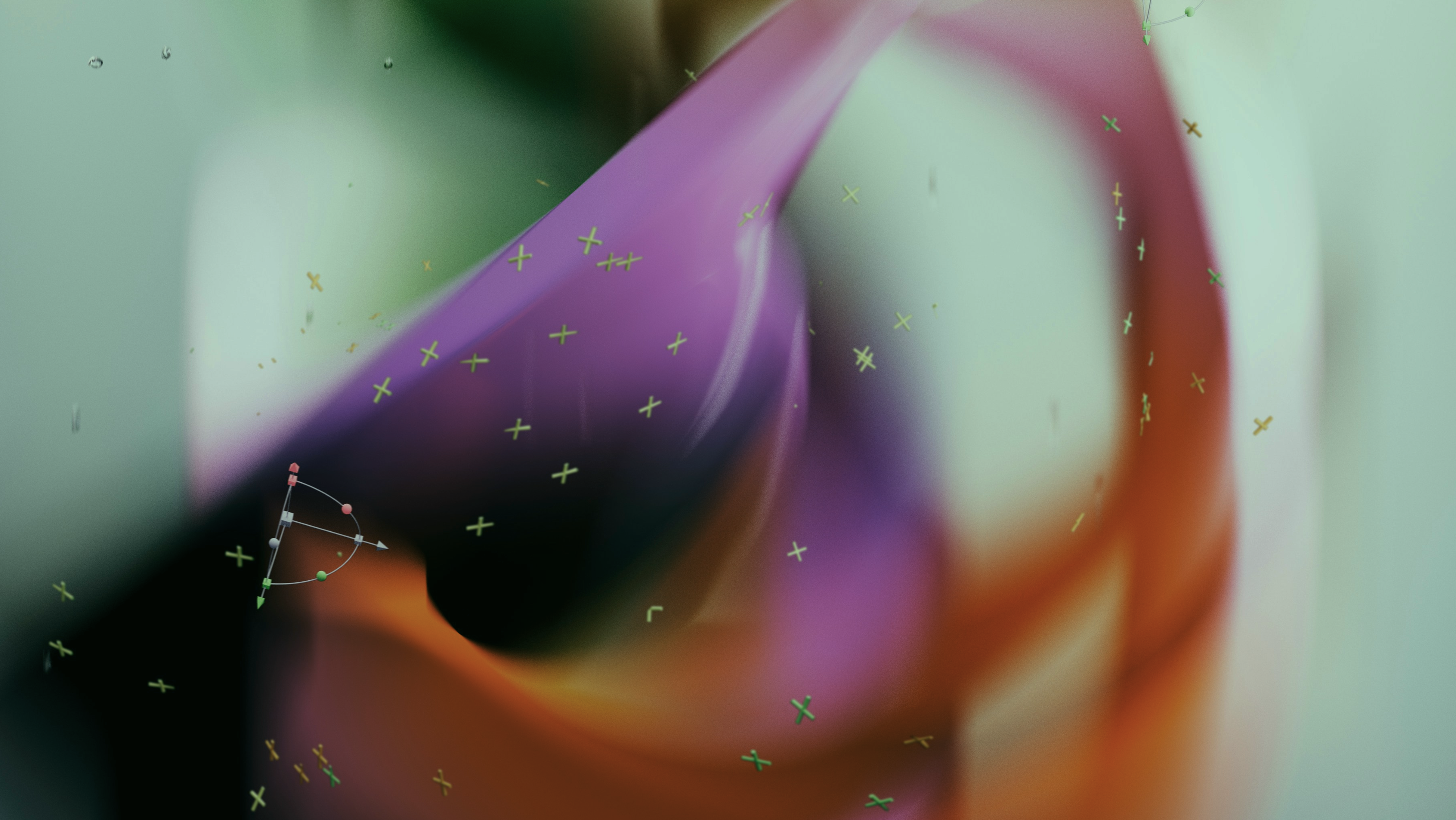 Abstract visualization with purple and orange gradient swirls and green cross markers